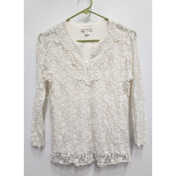 Coldwater Creek Tops - Coldwater Creek Womens  Ivory Floral Lace Top Small Crochet Trim 3/4 Sleeve
